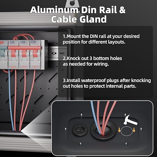 Joinfworld Outdoor Electrical Metal Box 11.8" x 11.8" x 7" Weatherproof Outdoor Junction Enclosure Steel Box with Lock Din Rail Cable Gland - Image 4