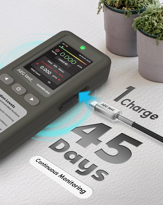HOUND-1011 Portable Radon Detector for Home, Lightweight, High-Accuracy Sensor, 45-Day Monitoring, Easy-to-Use Radon Tester, Short- & Long-Term in pCi/L or Bq/m³ for Basement – Gray - Image 3