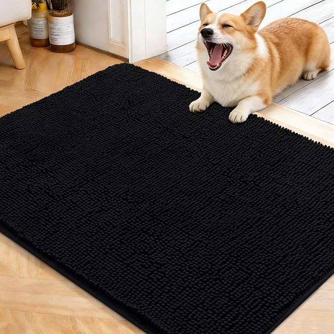 OLANLY Dog Door Mat for Muddy Paws 40x32, Absorbs Moisture and Dirt, Absorbent Non-Slip Washable Doormat, Quick Dry Chenille Mud Mat for Dogs, Entry Indoor Entryway Carpet for Inside Floor, Black by OLANLY