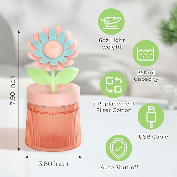 Cute Flower Mini Humidifier, 260ml Sunflower Portable Small Humidifier, Desktop Humidifiers Cool Mist Humidification for Home, Bedroom, Baby Nursery, Office & Indoor Plants, USB Powered (Pink) - Image 5