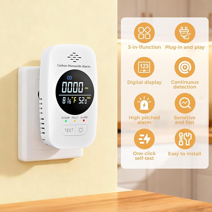 Carbon Monoxide Detector with Loud Voice Alarm, 3-in-1 CO Gas Monitor with Temperature & Humidity Display, Adjustable Brightness Screen, Self-Test Function Safety Device for Home Kitchen RV - Image 2