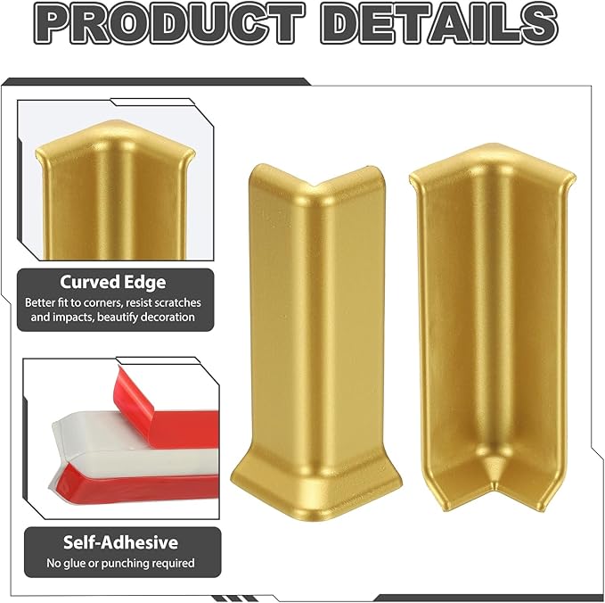 uxcell Self Adhesive Baseboard Corner Blocks, 4.07 Inch Wall Edge Corner Protector 3 Inside + 3 Outside Corners-Connector for Wall Floor Furniture Edge(Gold) - Image 4