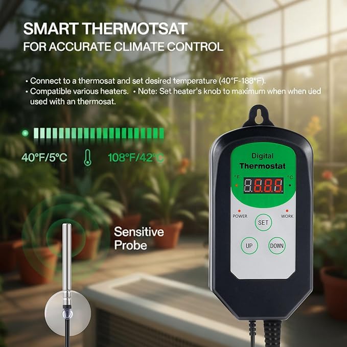 Greenhouse Heater with Thermostat & Hygrometer, 1500W/750W/24W Plant Heater Fan, Adjustable Temperature 40°F-108°F Patio Heaters for Outdoor Use Tents Winter Grow Garage Indoor(Black,2 Pack) - Image 4