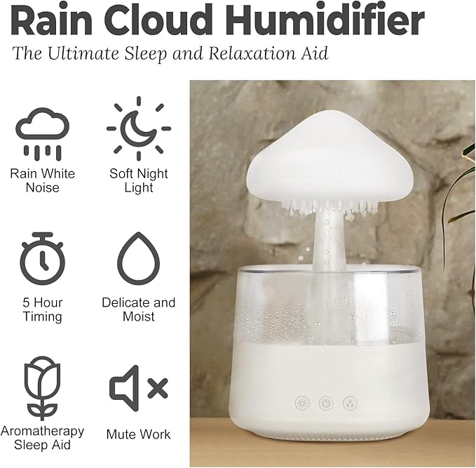 Rain Cloud Humidifier Water Drip with Adjustable LED Lights White Noise Humidification Desk Fountain Bedside Sleeping Relaxing Mood (White) - Image 2