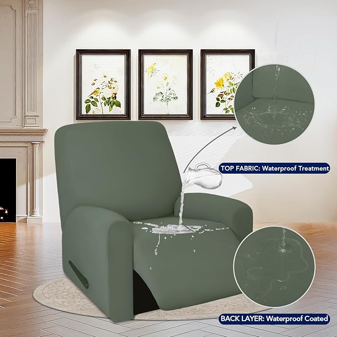 PureFit 100% Dual Waterproof Recliner Cover, Waterproof Couch Cover for Recliner - Stretch Non Slip Fleece Sofa Covers Washable, Leakproof Furniture Protector for Kids, Pets (Recliner, Grayish Green) - Image 3
