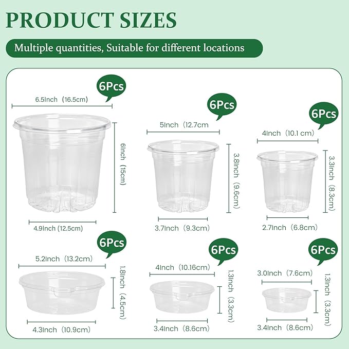 18 Pack 6.5/5/4 Inch Clear Self Watering Plant Pots with Bottom Water Tray & Watering Rope, Transparent Nursery Pots with Drainage for Seedlings, Herbs, and Houseplants - Image 2