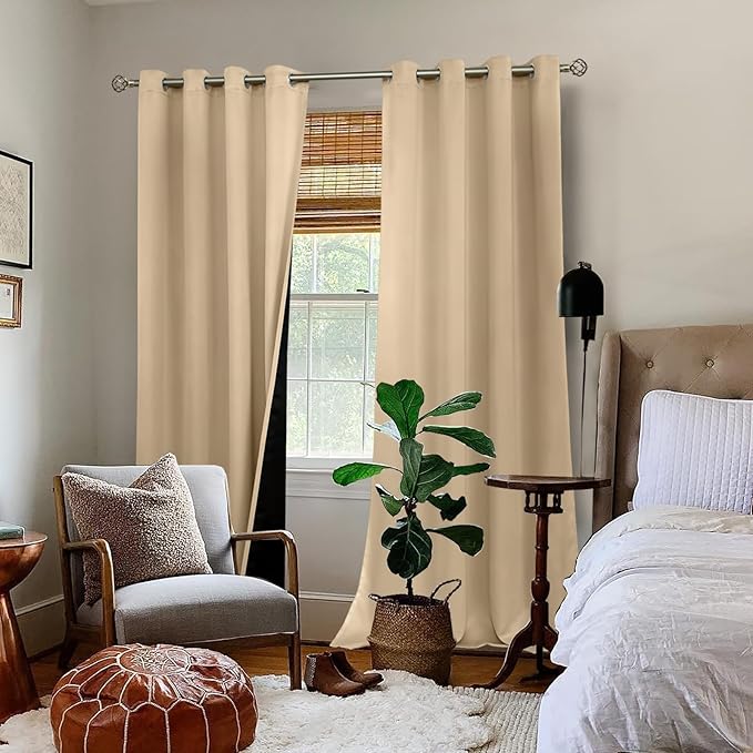 BGment 100% Blackout Curtains 108 Inch Long 2 Panles Set, Thermal Insulated Total Light Locking Soundproof Grommet Curtains & Drapes for Living Room with Black Liner, 52 Inch Wide Each, Beige - Image 2