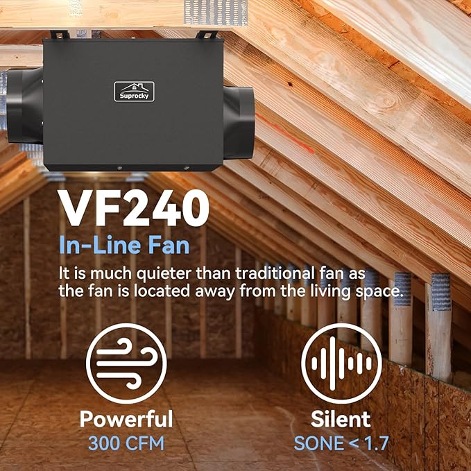 300CFM Ultra Quiet Bathroom Exhaust Fan, Remote Mount In Line Fan VF240, Exhaust Ventilation Fan for Bathroom, Kitchen, Garage and ResidentialVentilation Applications, Black - Image 3