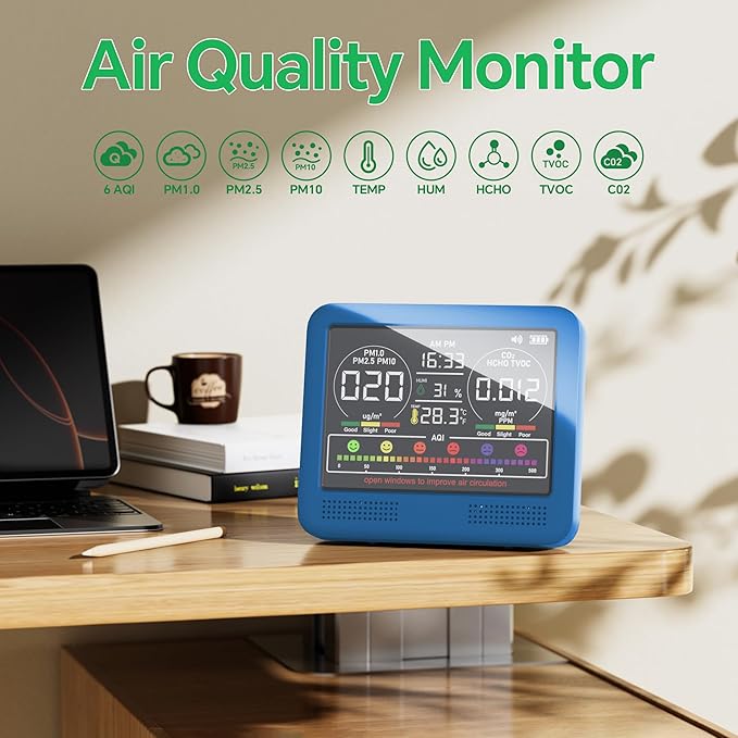 16-in-1 Indoor Air Quality Monitor with PM1.0,PM2.5,PM10,CO2,HCHO,TVOC,Temperature,Humidity,Time Display &7 AQI Alarms – Professional Air Quality Tester for Home, Office & Indoor Use (Lake Blue) - Image 2