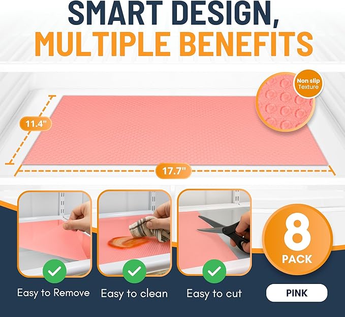 Refrigerator Liners for Shelves (8 Pack) by Linda’s Essentials - Non-Adhesive Shelf or Drawer Liner, BPA-Free Fridge Mats for Kitchen & Cabinets, Easy to Clean, Ideal Household Essentials (Pink) - Image 2