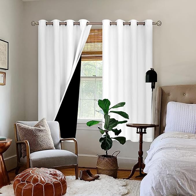 BGment Thermal Insulated 100% Blackout Curtains for Bedroom with Black Liner, Double Layer Full Room Darkening Noise Reducing Grommet Curtain (52 x 63 Inch, Pure White, 2 Panels) - Image 2