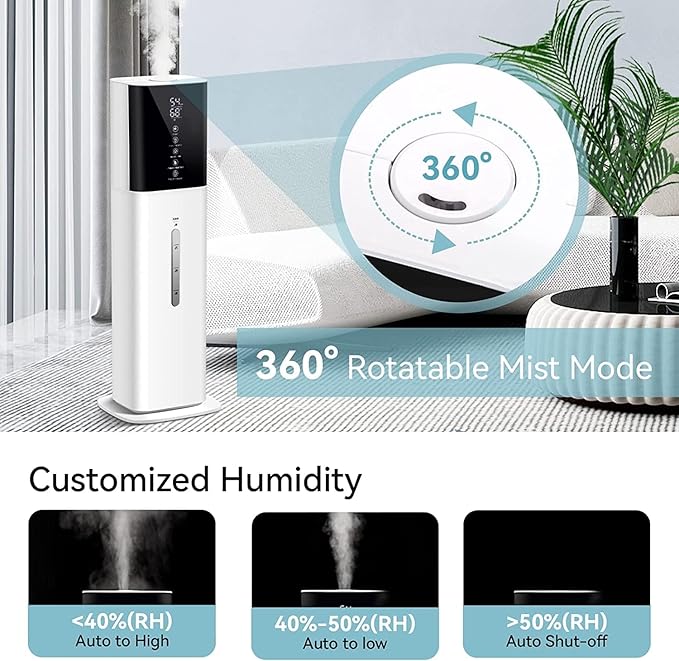 Humidifiers for Home, 8L Water Tank, Essential Oil Diffuser, Top Fill Humidifier, Low Noise, Cool Mist Humidifiers for Large Room, 3 Mist Level, 12H Timer, Customized Humidity, 360° Nozzle - Image 6