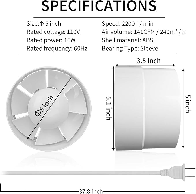 HUGOOME Inline Duct Fan 5 Inch Vent Booster, HVAC Exhaust Intake Fans 141 CFM, Ventilation Blower for Grow Tent Attic Kitchen Garage Greenhouse Basement (Φ 5 inch/110v) - Image 3