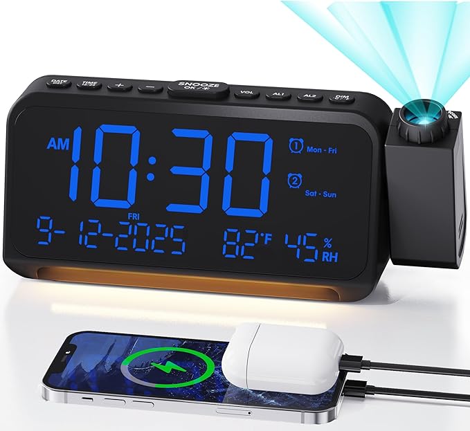 Roxicosly Projection Alarm Clock for Bedroom Ceiling, 118 dB Super Loud for Heavy Sleepers, 6.7" Large Digital Dimmable Display with Day Date Indoor Temp Humidity, Dual Alarms Adjustable Volume by Roxicosly