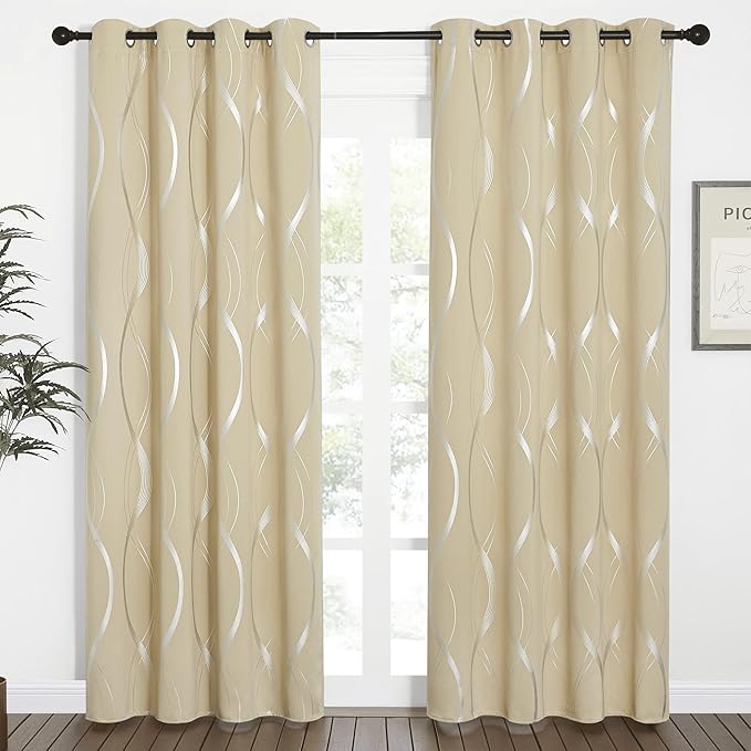 NICETOWN Room Darkening Curtains for Bedroom, Noise Reducing Thermal Insulated Wave Line Foil Print Design Blackout Curtains for Patio Sliding Glass Door (2 Panels, 52 x 84 Inch, Biscotti Beige) - Image 2
