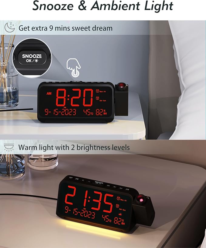 Roxicosly Projection Alarm Clock for Bedroom Ceiling, 118 dB Super Loud for Heavy Sleepers, 6.7" Large Digital Dimmable Display with Day Date Indoor Temp Humidity, Dual Alarms Adjustable Volume - Image 6
