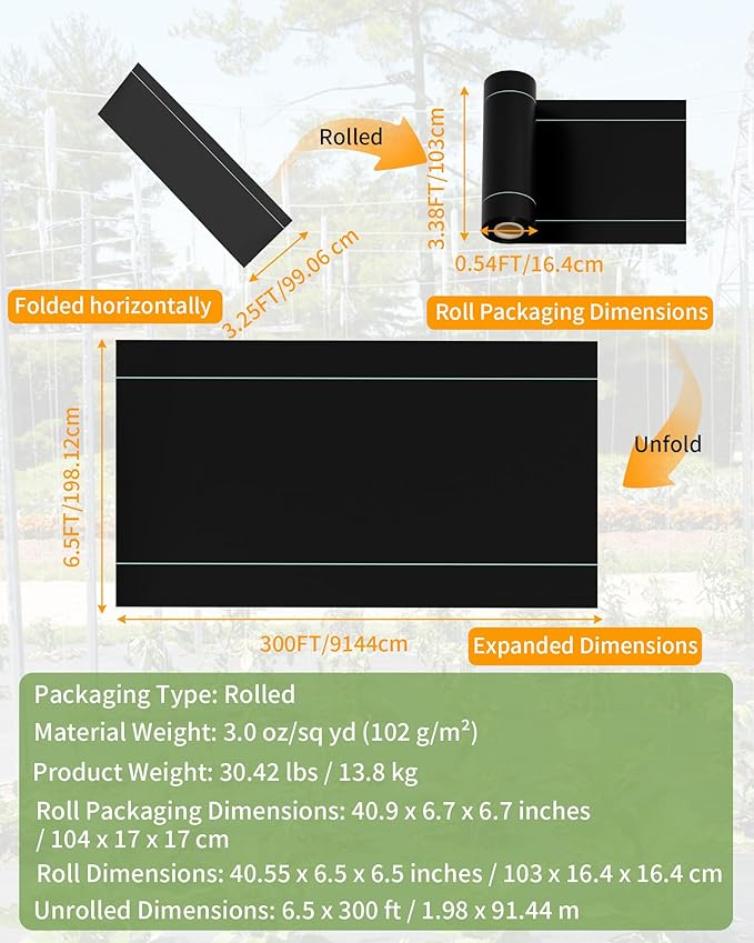 6.5ftx300ft Weed Barrier Landscape Fabric Heavy Duty, Premium 3OZ Garden Geotextile Fabric, Outdoor Weed Blocker Landscaping Fabric, for Driveway Mats, Erosion Control, Ground Cover Weed Barrier - Image 2