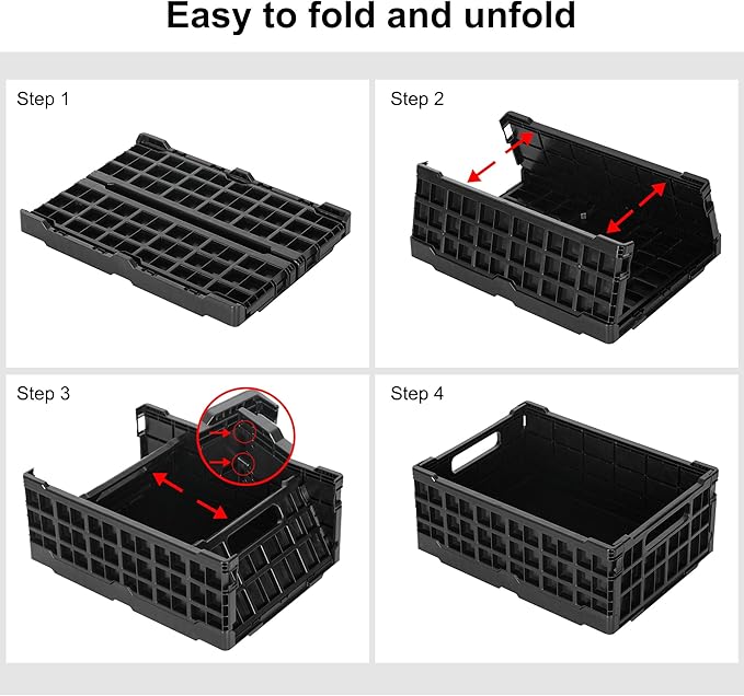 4-Pack Heavy Duty Stackable Storage Crates Plastic Collapsible Milk Crate Garage Organizing Bins Storage Containers for Home Office Moving Supplies, Black - Image 8