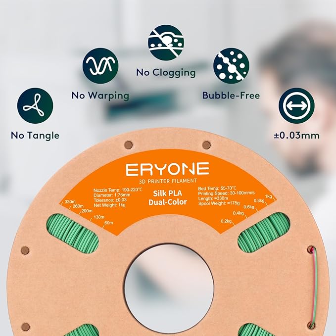 ERYONE Silk Dual Color PLA Filament 3D Printer 1.75mm +/- 0.03mm, Bicolor Filament Two Tone PLA 1KG(2.2lbs) Cardboard Spool, Red Green - Image 4