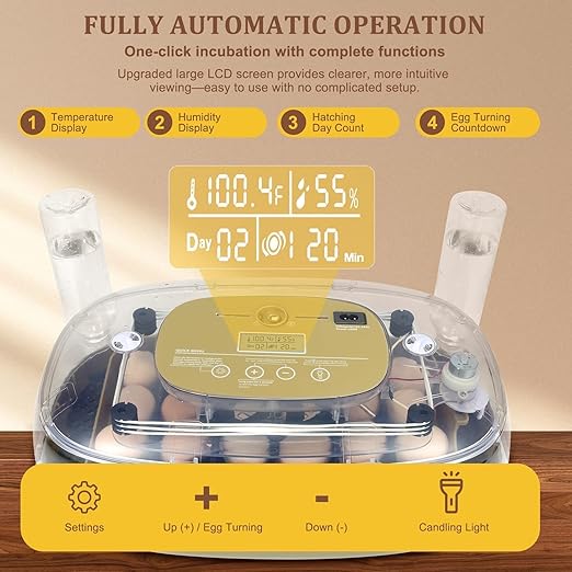 3rd Gen - 24 Egg Automatic Incubator, Stage-Based Adaptive Humidity with Auto-Refill, Stable Temp Control, Flexible Spacing, Adjustable Auto Turning & Lockdown, Custom Incubation Days, Candler, Alarm - Image 2