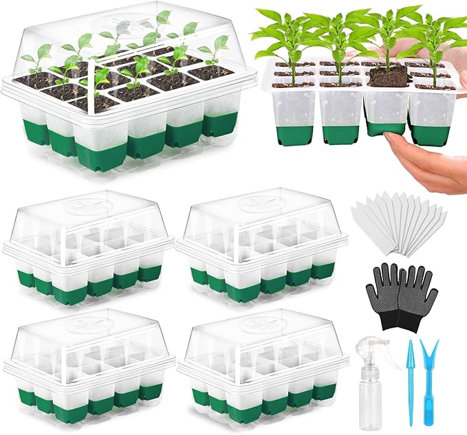 Reusable Seed Starter Tray, 4 Pack Silicone Seed Starter Kit for Starting Plant Seeds with Humidity Adjustable Dome and Lid, Indoor Seed Starting Supplies with Water Spray Bottle for Plants, BPA-Free by Mckanti