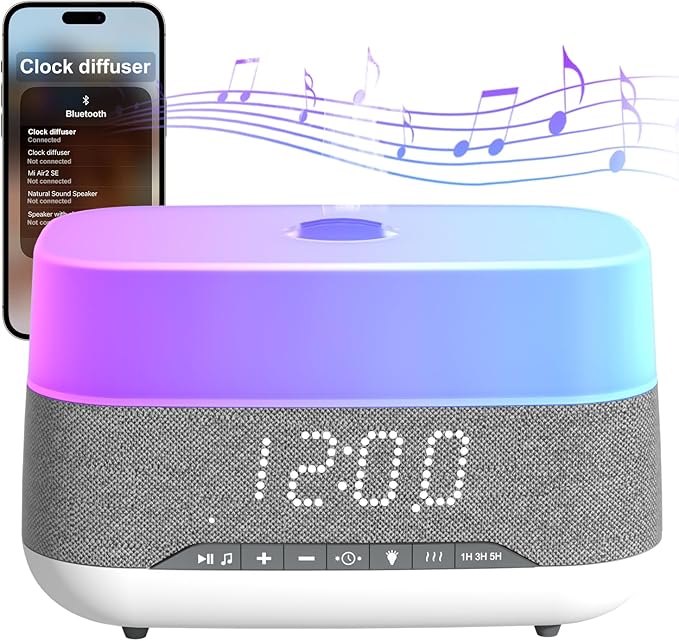 Versatile Essential Oil Diffuser, 300ml Aroma Diffuser with Bluetooth Speaker and Alarm Clock, 7 Colors LED Light Aromatherapy Diffusers & Cool Mist Humidifier 3-Level Brightness, Auto-Off Protection by lovaroma