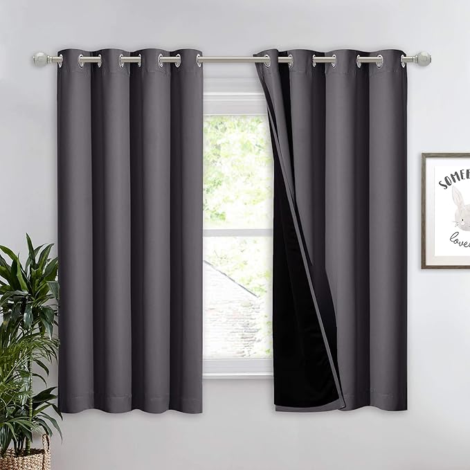 NICETOWN 100% Blackout Curtain with Black Liner, Thermal Insulated Full Blackout 2-Layer Lined Drape, Energy Efficiency Window Drapery for Bedroom (Grey, 1 Panel, 52-inch W by 63-inch L) by NICETOWN