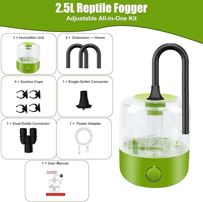 Terrarium Humidifier 2.5L – Top-Fill Ultrasonic Reptile Mister System, Adjustable Cool-Mist Fogger with Quiet Auto Shut-Off, Single/Dual Hose Mister for Reptile Tank & Vivariums - Image 4
