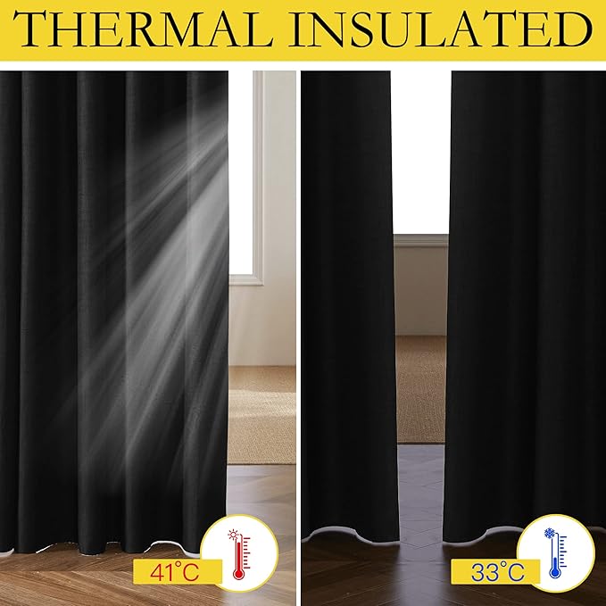 NICETOWN Black Truly Blackout Linen Blend Flax Drapes for Office, Vintage Grommet 100% Blackout Curtains with White Liner Backing for Kitchen Dorm Window（Set of 2, 62" Wide x 63" Long - Image 3