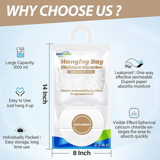 ZSZMFH 10 Pack Moisture Absorber Hanging Bags, Fragrance Free Humidity Packs, 15 OZ Dehumidifier Bags Effectively Trap Extra Moisture,Hanging Closet Dehumidifier Bags-425g/pack - Image 2