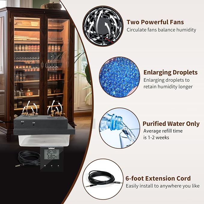 Briidea Electric Humidifiers for Cabinet (1-8 Cubic Ft.), 30% RH~80% RH Humidity Setting Values, Perfect Monitoring Temperature and Humidity, 12V Adapter Power Supply - Image 5