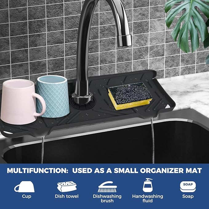 Silicone Faucet Handle Drip Catcher Tray Mat, Silicone Faucet Mat, Dish Soap Sponge Holder for Kitchen Sink Accessories, Drying Mat for Kitchen Counter & Bathroom Kitchen Sink Splash Guard (Black) - Image 3
