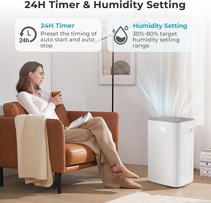 4500 Sq. Ft Dehumidifier for Basement, 52 Pint Garage Dehumidifier for Home, Bedroom & Bathroom with Drain Hose, Smart Humidity Control & Display, 3 Modes, 24H Timer & Auto Defrost - Image 6