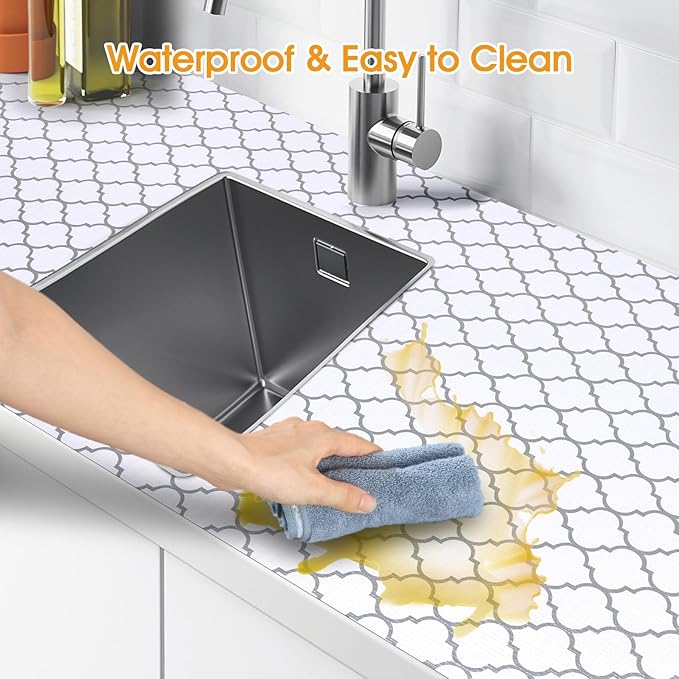 Shelf and Drawer Liner for Kitchen Cabinets Non-Adhesive, Strong Grip Non-Slip Thickened Cabinet Liners for Shelves, Waterproof Mats for Dresser Cupboard, White/Gray, 17 in x 10 Feet - Image 4