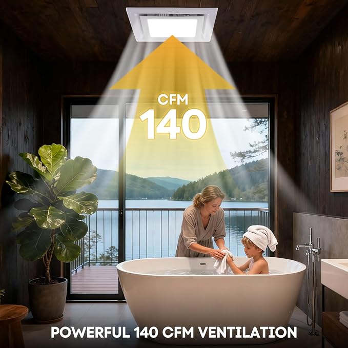 Bathroom Exhaust Fan with Light 12" Ultra Quiet 1.0 Sones,1200LM, 5CCT, Exhaust Fan Mounting Opening 10"x10" in 140CFM Bathroom Fan with Light Ceiling Mount for Home, Bath, Office - Image 9