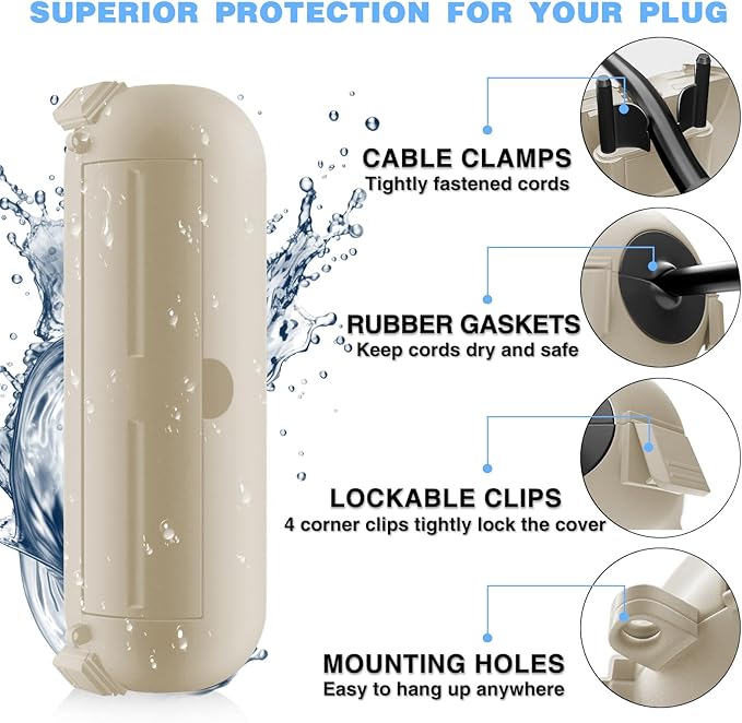 Flemoon [3 Pack] Outdoor Extension Cord Cover Waterproof, Weatherproof Electrical Connection Box for Straight Plug, Outlet, Socket, Halloween, Christmas Holiday Decoration String Light, Almond - Image 8