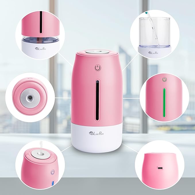 LivePure Cool Mist Humidifiers for Bedroom. Small Humidifier for Babies, Nursery, Plants, Office. Ultrasonic Cool Mist Humidifier w/Quiet Operation, USB-C Rechargeable. Rose Quartz - Image 5