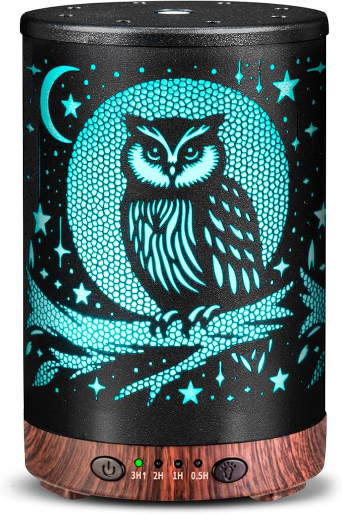 Essential Oil Diffuser 120ML Metal Aromatherapy Diffuser with Timer, Cool Mist Humidifier with Auto Shut-Off & 7 Color Lights for Home Office Spa (Owl) by JOYOLO