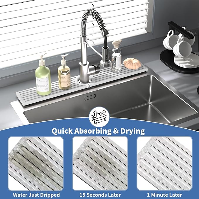 Stone Faucet Mat for Kitchen Sink, Water Absorbing Sink Water Splash Guard, Fast-Drying Kitchen Sink Faucet Mat, Durable Protector and Stone Drying Mat for Kitchen Counter Bathroom Sink - Image 5
