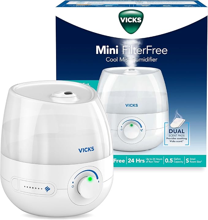 Vicks Mini Filter Free Cool Mist Humidifier, Small Room – Variable Mist Control – Works with Vicks VapoPads by VicksDevices
