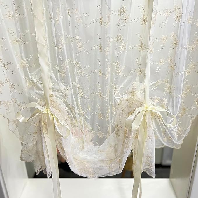 Beige Romantic Little Floral Woven Lace Tie Up Balloon Curtain for Kitchen Liftable Tier Roman Blind Victorian Drapes for Small Window Cafe Balcony Rod Pocket 1 Panel (55Wx59L inch) - Image 6