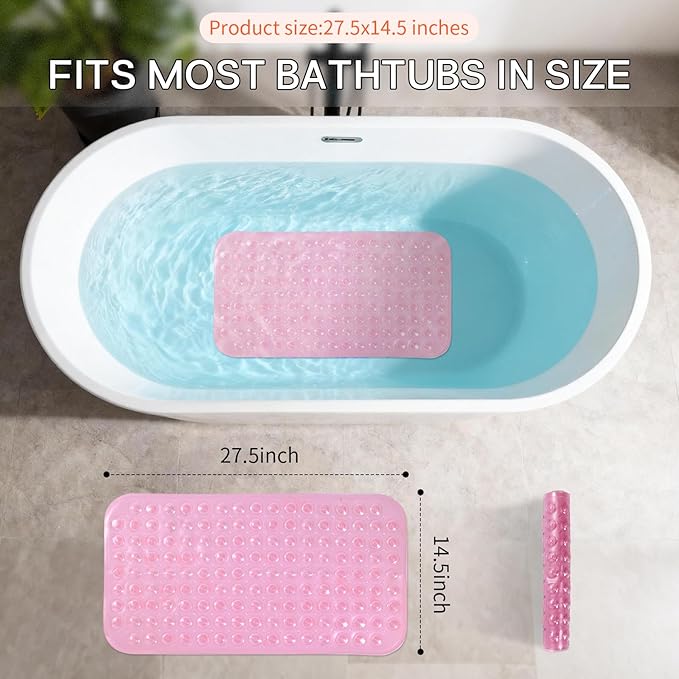 Anti-Slip Bathtub Shower mat, 27.5×14.5（Approximately 70×37cm） inch Soft Oversized Machine Washable Non-Slip Bathtub mat with Drainage Holes, Bathroom Floor Suction Cup.（1-Clear Pink） - Image 3