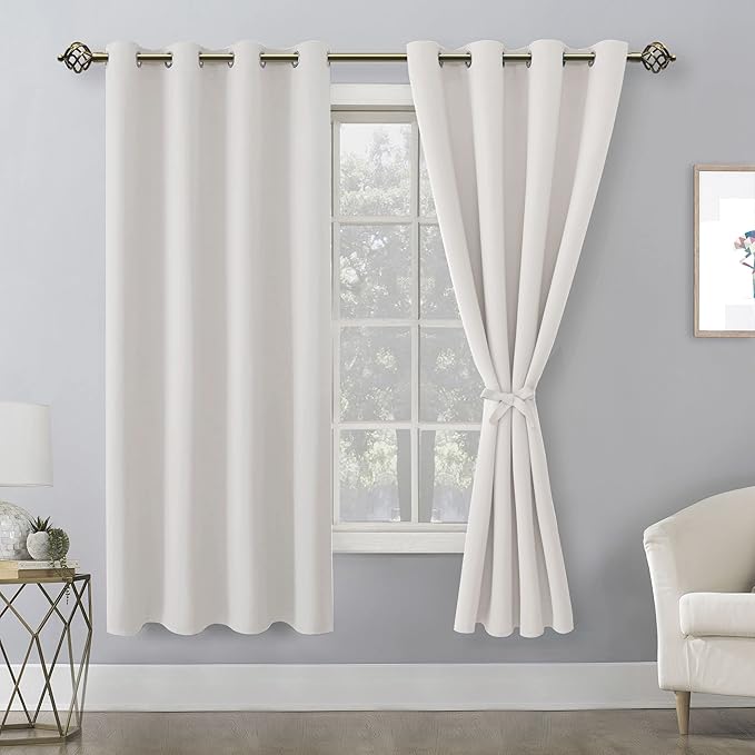 Hiasan Blackout Curtains for Bedroom, 52 x 63 Inches Length - Thermal Insulated & Light Blocking Window Curtains for Living Room/Kids Room, 2 Drape Panels Sewn with Tiebacks, Ivory - Image 2