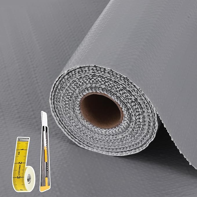 Drawer and Shelf Liner for Kitchen Cabinet: 12 in X 20 Ft Non Slip Waterproof Shelf Paper Non Adhesive Refrigerator Liners Gray Easy Liners for Bathroom Cupboard with Knife Tape Measure by Kimhan