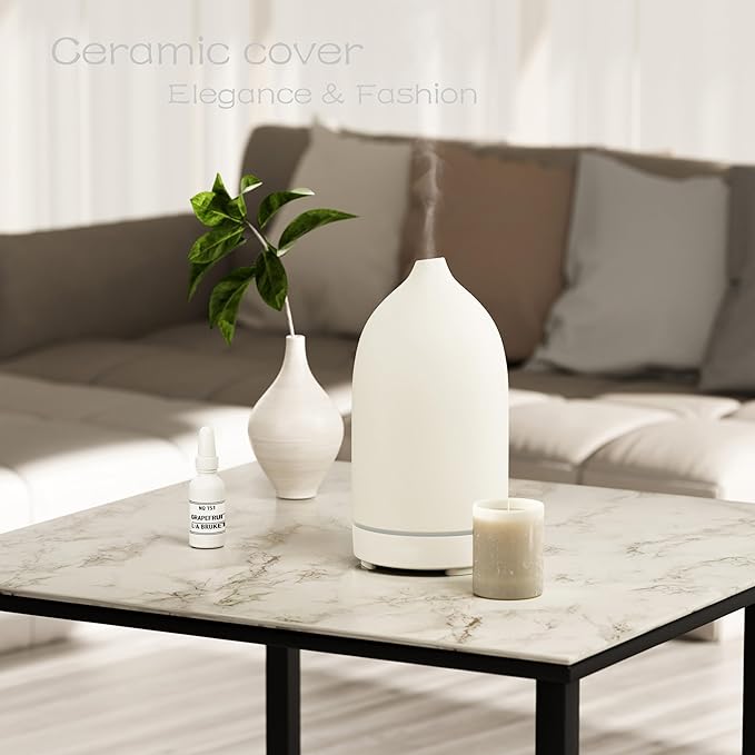Essential Oil Diffusers,Handmade Ceramic Aromatherapy Diffuser for Room and 9 Colors Night Light for Home,Auto-Off (White) - Image 2