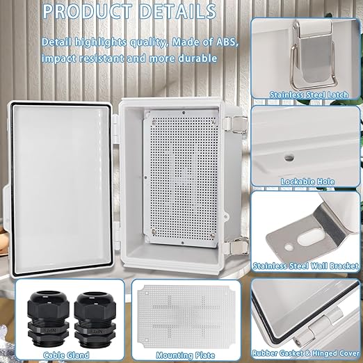 Zulkit Junction Box,IP67 Waterproof Electrical Box Hinged Cover Stainless Steel Latch Plastic Enclosure for Project w Mounting Plate Wall Bracket and 2 Cable Gland Grey 11"x7.5"x5.5"/280x190x140mm - Image 4