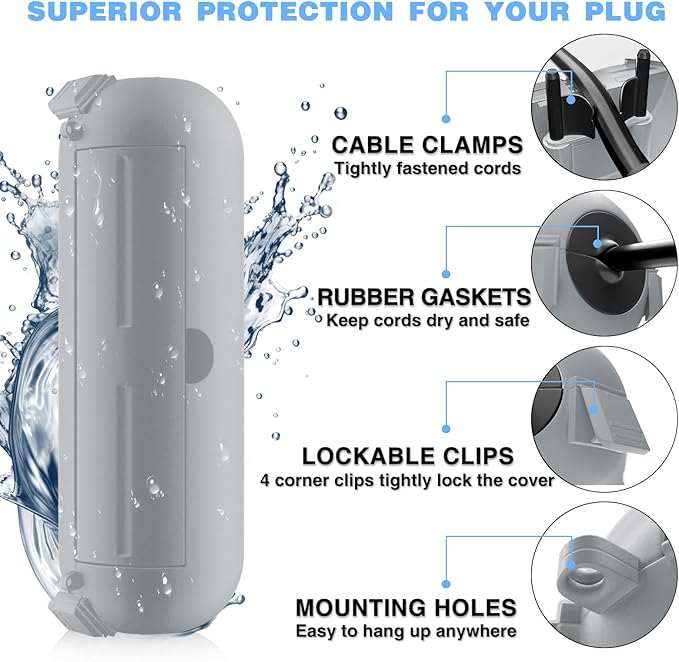 Flemoon [3 Pack] Outdoor Extension Cord Cover Waterproof, Weatherproof Electrical Connection Box for Straight Plug, Outlet, Socket, Halloween, Christmas Holiday Decoration String Light, Light Grey - Image 8