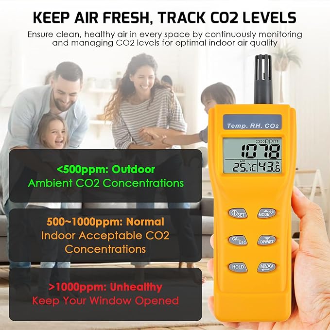 CO2 Meter Portable CO2 Detector Digital CO2 Monitor with Alarm Function Carbon Dioxide Temperature and Humidity Meter, NDIR CO2 Sensor Indoor Air Quality Monitor for Home Office Grow Room - Image 3