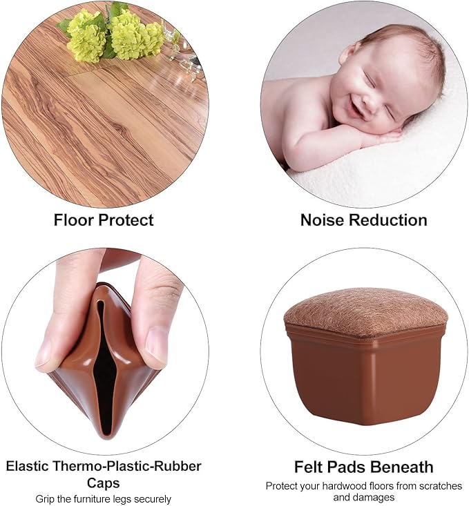 Ezprotekt 24 Pcs Square Chair Leg Floor Protectors with Felt, Silicone Felt Furniture Pads Cups for Hardwood Floor, Dining Table Leg Caps Covers No Scratches (L Fit: 1" to 1.4", Brown) - Image 3