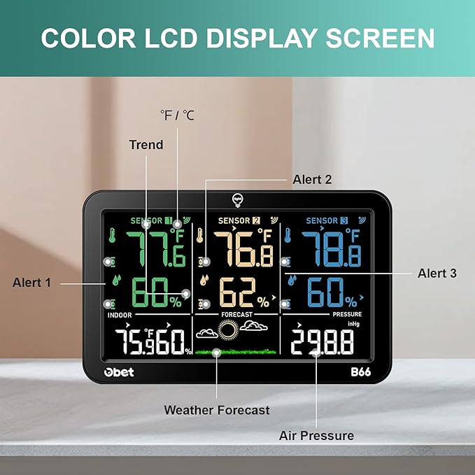 OBET Weather Station Wireless Indoor Outdoor Thermometer Wireless, Color Display Digital Temperature and Humidity Monitor with 3 Sensors, Alerts, Adjustable Backlight, USB Port (500 Feet) - Image 7